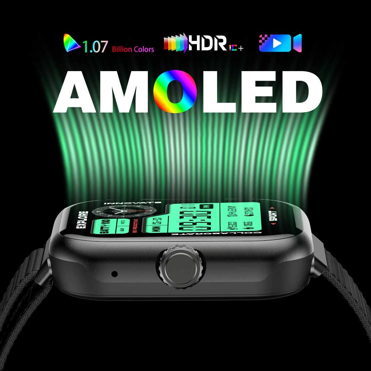 Lumenia Smartwatch with AMOLED display and colorful text on a black background