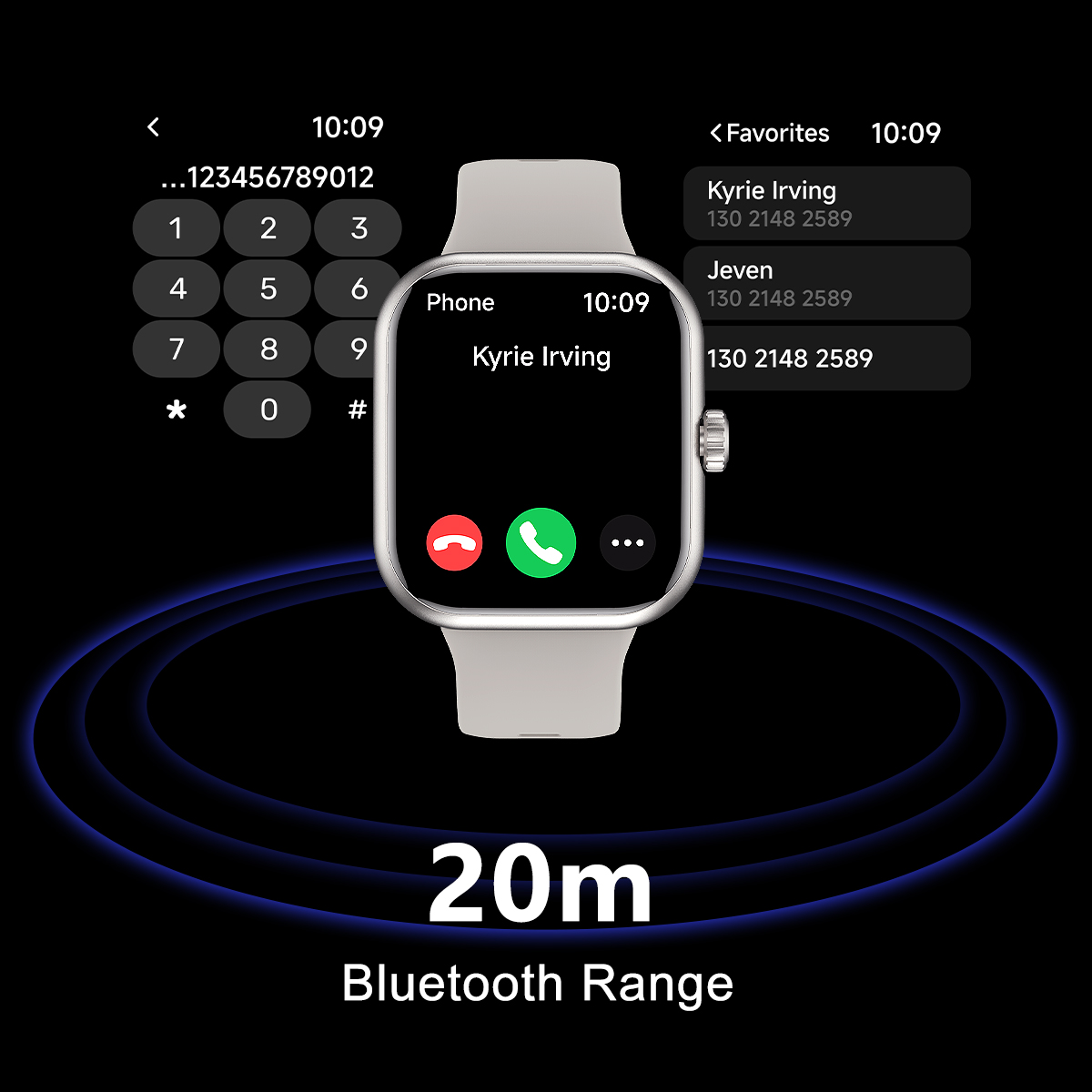 Lumenia Smartwatch displaying a call interface with Bluetooth range indicator on a black background