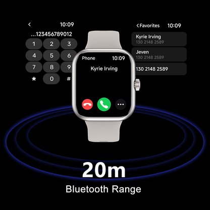 Lumenia Smartwatch displaying a call interface with Bluetooth range indicator on a black background