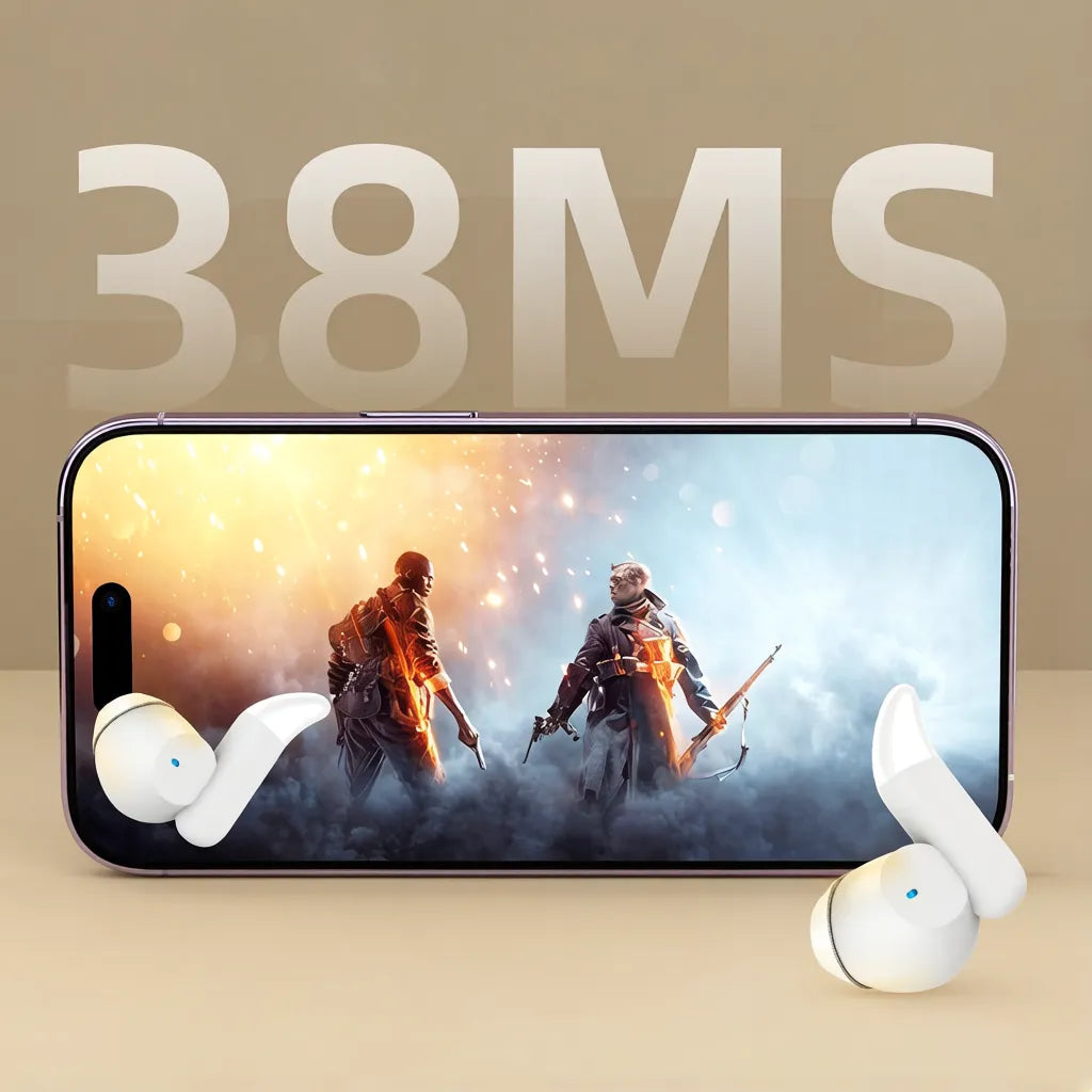 Smartphone with gaming screen and Lumenia Wireless Sleep Earbuds on a beige background, featuring the text '38MS'.