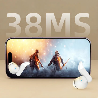 Smartphone with gaming screen and Lumenia Wireless Sleep Earbuds on a beige background, featuring the text '38MS'.