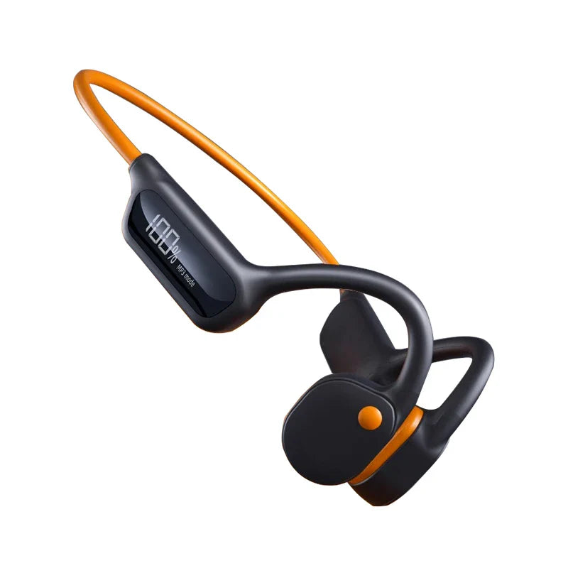 Luvant Bone Conduction Headphones in black and orange, featuring waterproof build and secure fit for sports and swimming

