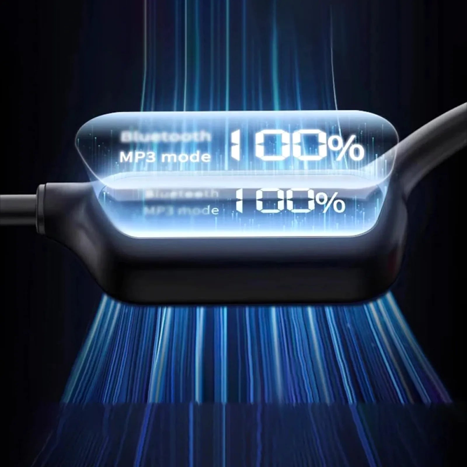 Digital display showing 'Bluetooth MP3 mode 100%' with a glowing blue effect on a dark background.