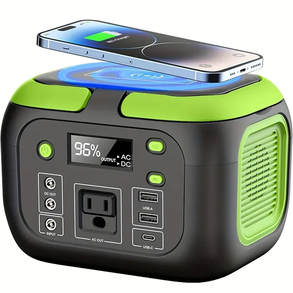 Green and black MQPower Portable Power Stations with phone on top and digital display