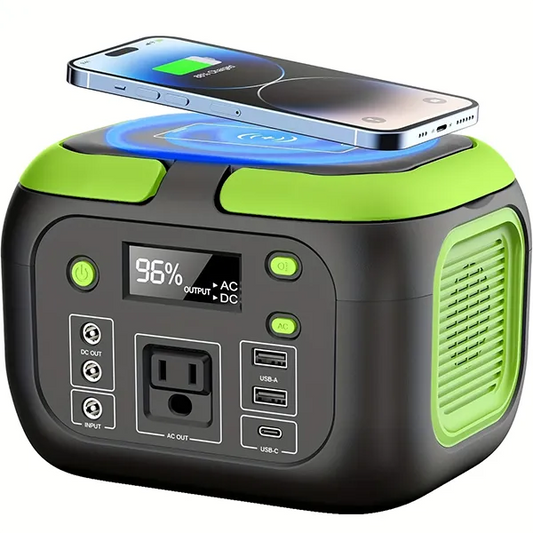 Green and black MQPower Portable Power Stations with phone on top and digital display