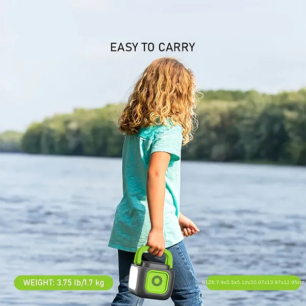 Child holding a MQPower Portable Power Stations and lightweight device by a lake with text highlighting its features.