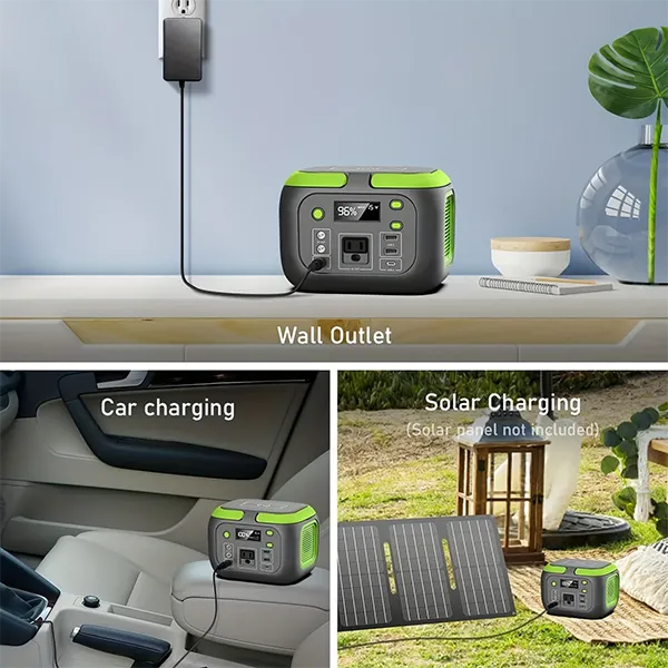 MQPower Portable Power Stations with wall outlet, car charging, and solar charging options on a table.