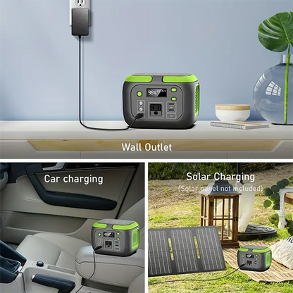 MQPower Portable Power Stations with wall outlet, car charging, and solar charging options on a table.