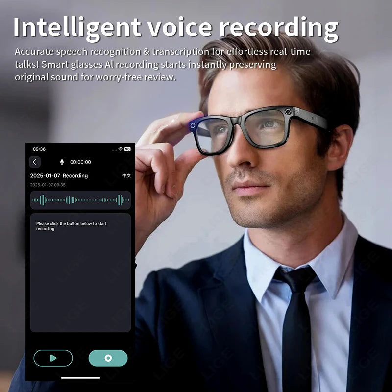 Man wearing Mizeel AI Smart Glasses
 with an app interface on a smartphone displaying intelligent voice recording features.