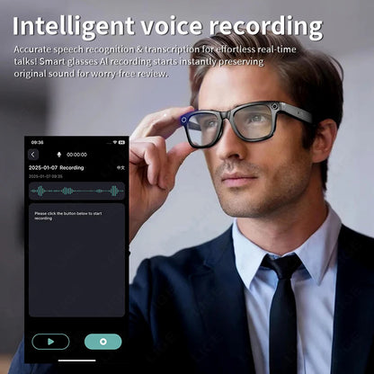 Man wearing Mizeel AI Smart Glasses
 with an app interface on a smartphone displaying intelligent voice recording features.