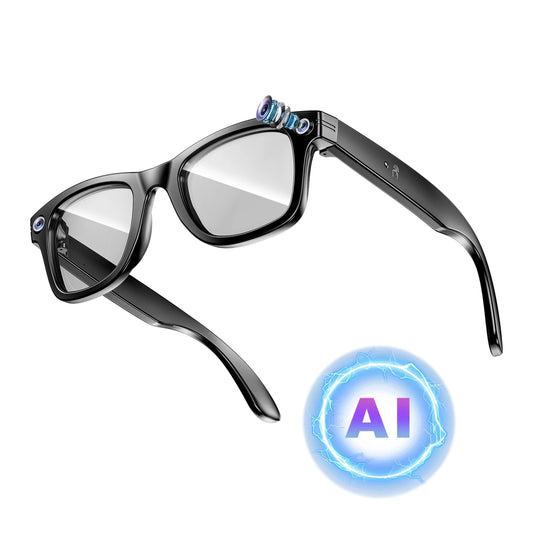 Black 3D meacode smart glasses with 'AI' logo on a white background