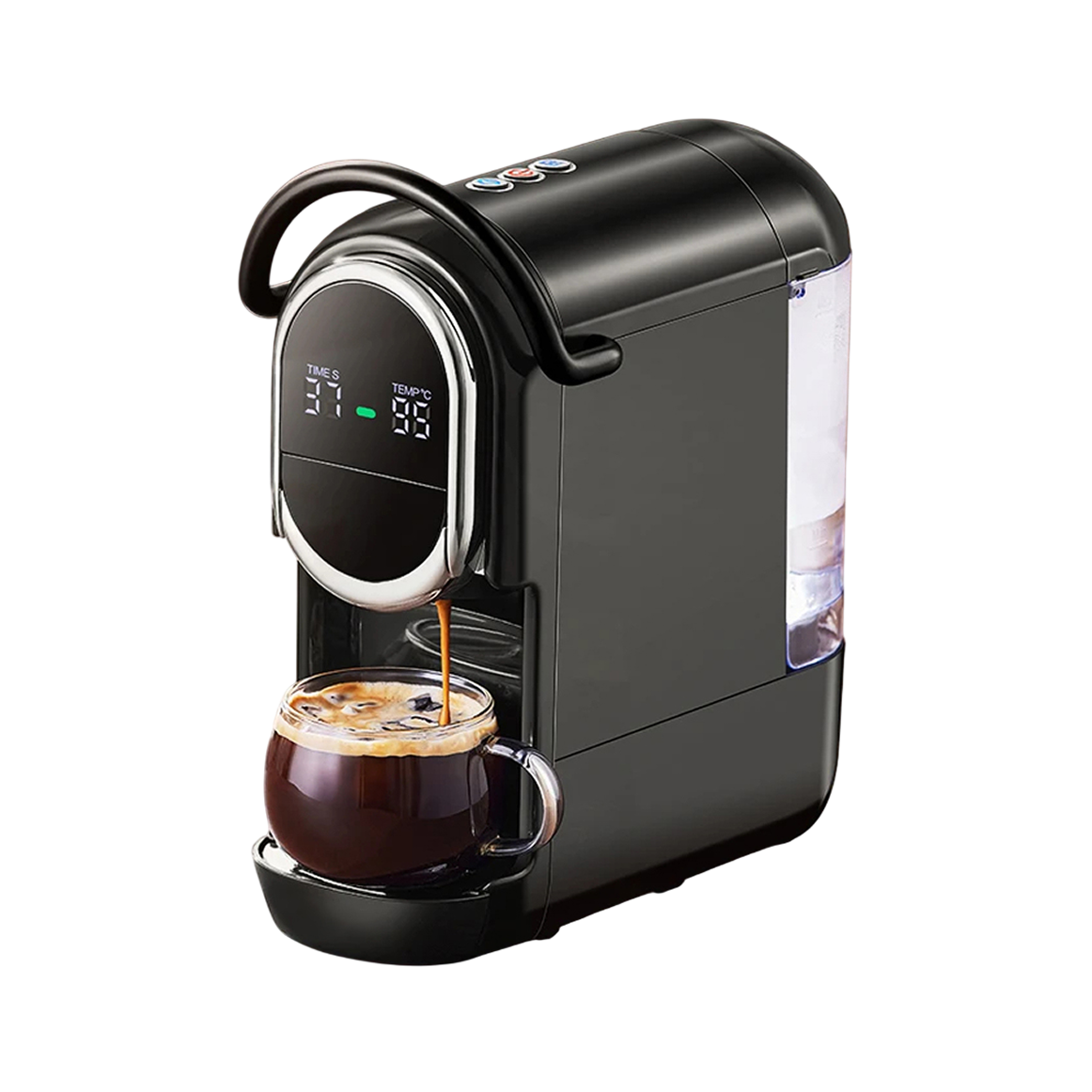 A sleek black MellaFard Coffee Machine with a digital display and a curved handle, shown dispensing coffee into a glass cup against a plain white background.