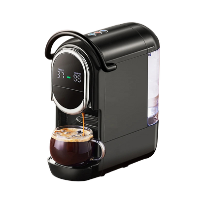 A sleek black MellaFard Coffee Machine with a digital display and a curved handle, shown dispensing coffee into a glass cup against a plain white background.