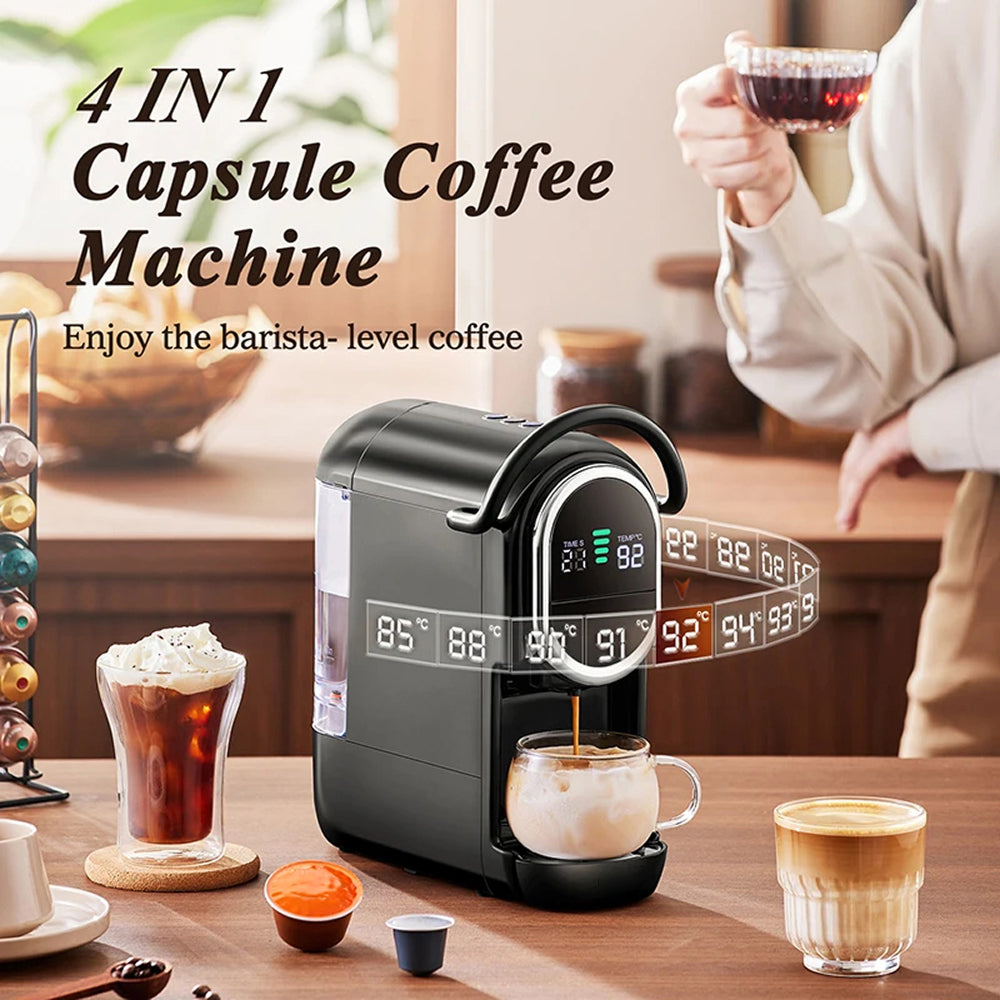 4-in-1 capsule MellaFard Coffee Machine with various coffee drinks on a table.