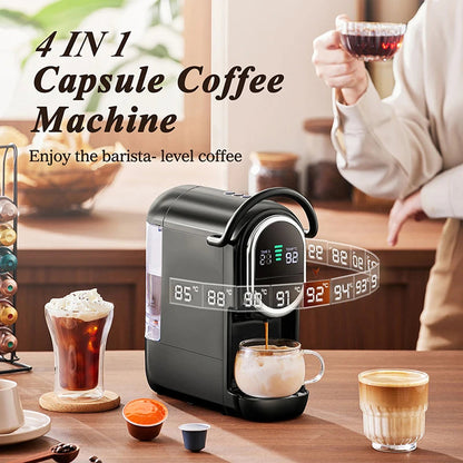 4-in-1 capsule MellaFard Coffee Machine with various coffee drinks on a table.