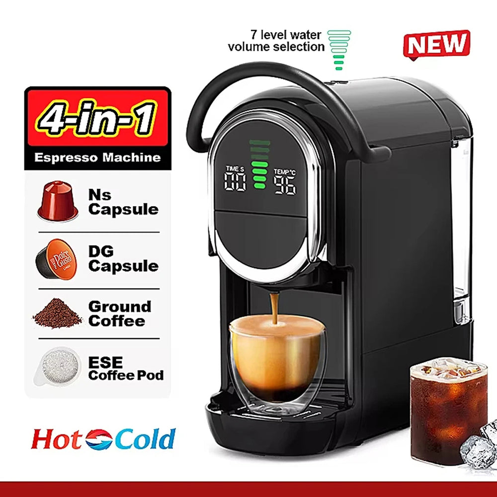 Black 4-in-1 single-serve espresso MellaFard Coffee Machine with a digital display, shown dispensing coffee into a glass cup. The image includes feature callouts on the left, a 'NEW' badge, and an iced coffee glass on the right, all on a white background.