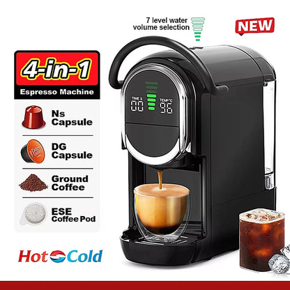 Black 4-in-1 single-serve espresso MellaFard Coffee Machine with a digital display, shown dispensing coffee into a glass cup. The image includes feature callouts on the left, a 'NEW' badge, and an iced coffee glass on the right, all on a white background.