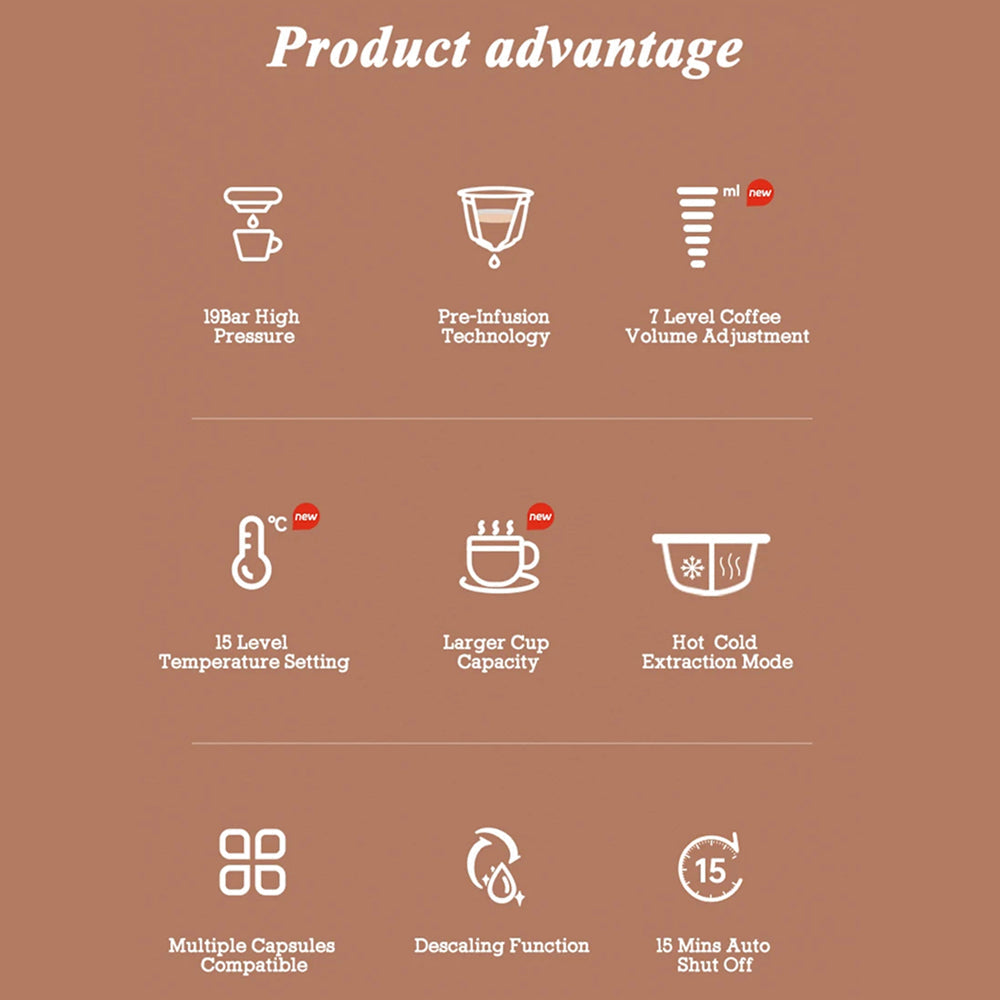 A MellaFard Coffee Machine feature infographic on a warm brown background with white icons and text highlighting coffee extraction advantages: 19Bar high pressure, pre-infusion technology, 7-level coffee volume adjustment, 15-level temperature setting, larger cup capacity, hot/cold extraction mode, multiple capsule compatibility, decaling function, and 15-minute auto shut-off.