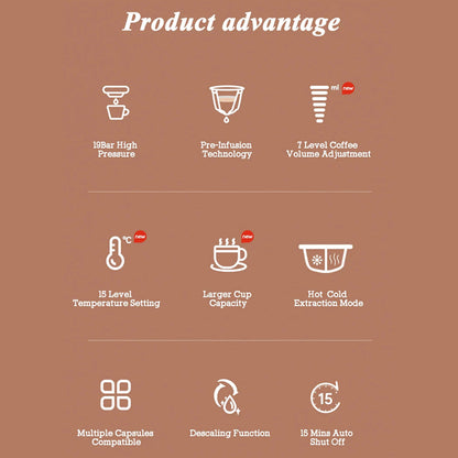 A MellaFard Coffee Machine feature infographic on a warm brown background with white icons and text highlighting coffee extraction advantages: 19Bar high pressure, pre-infusion technology, 7-level coffee volume adjustment, 15-level temperature setting, larger cup capacity, hot/cold extraction mode, multiple capsule compatibility, decaling function, and 15-minute auto shut-off.