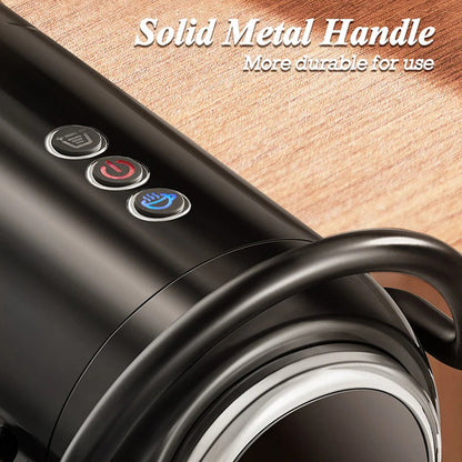 Close-up of a black insulated cup or tumbler with a curved handle and three control buttons on the side, shown on a wood surface with the text 'Solid Metal Handle More durable for use' at the top.