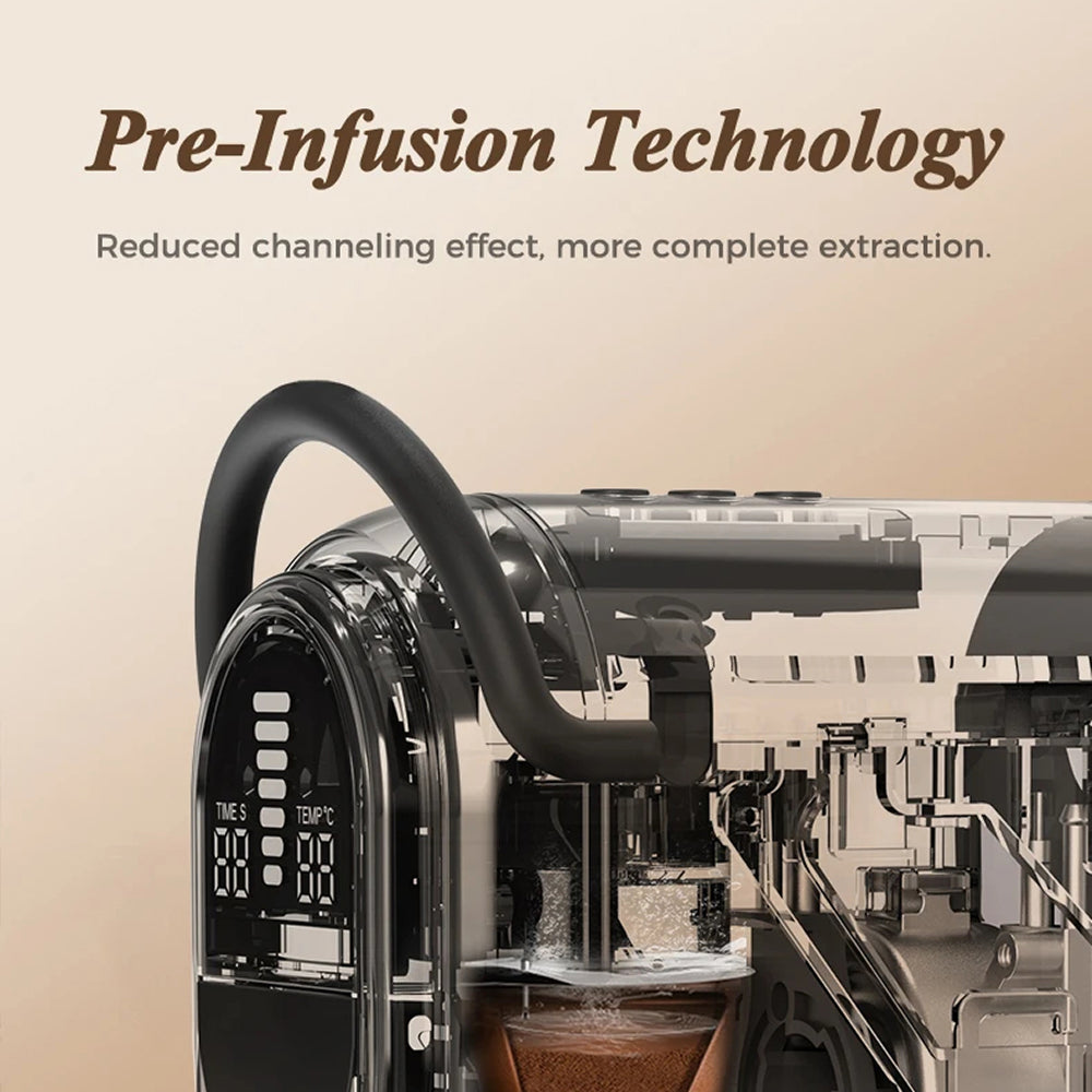 Close-up of a coffee machine with large text reading 'Pre-Infusion Technology' and smaller text below about reduced channeling and more complete extraction.