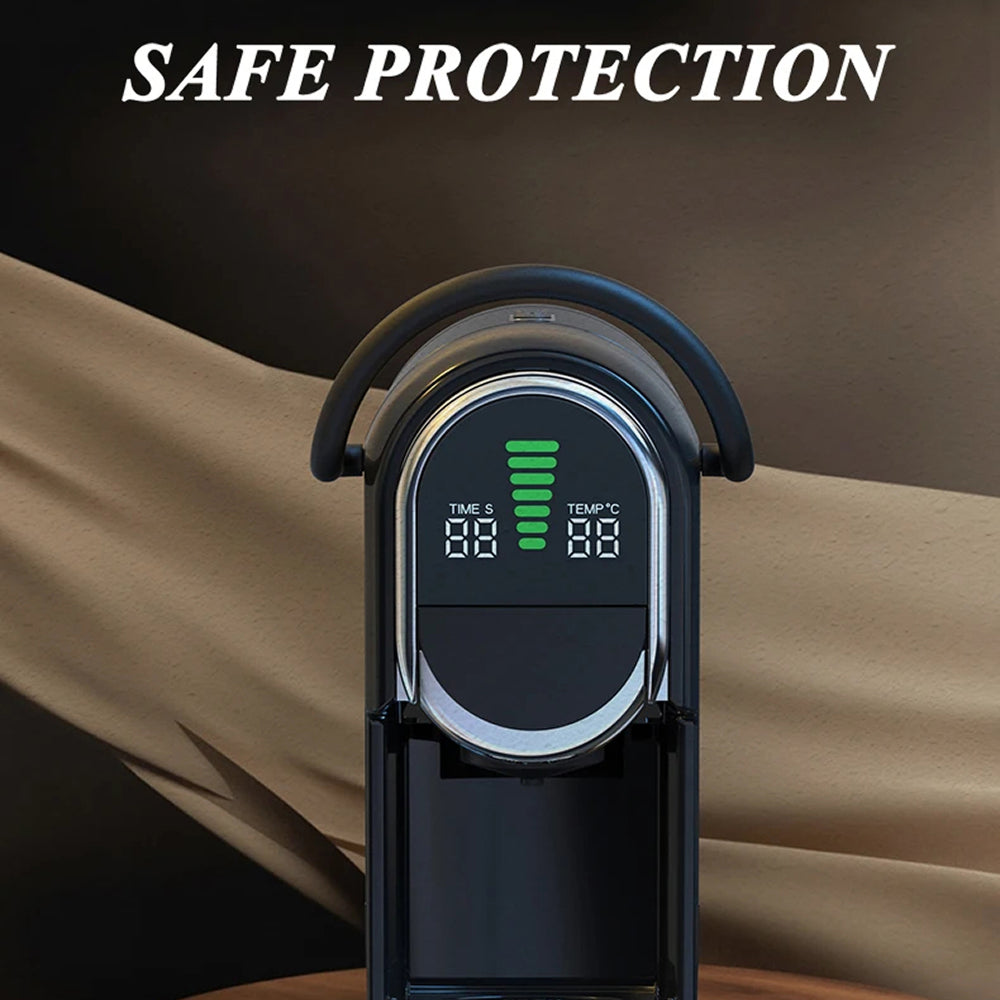 A black automatic MellaFard Coffee Machine with a digital temperature and time display on the front, set against a dark brown background with draped beige fabric and the text 'SAFE PROTECTION' at the top.