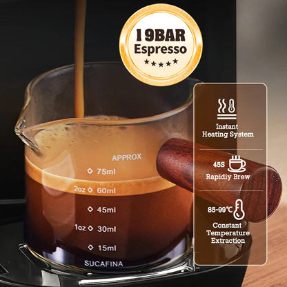 A close-up of espresso being poured into a clear glass measuring pitcher with printed coffee measurements. A gold circular badge at the top reads '19BAR Espresso,' and a dark brown feature panel on the right lists benefits like instant heating, rapid extraction, and constant temperature extraction.