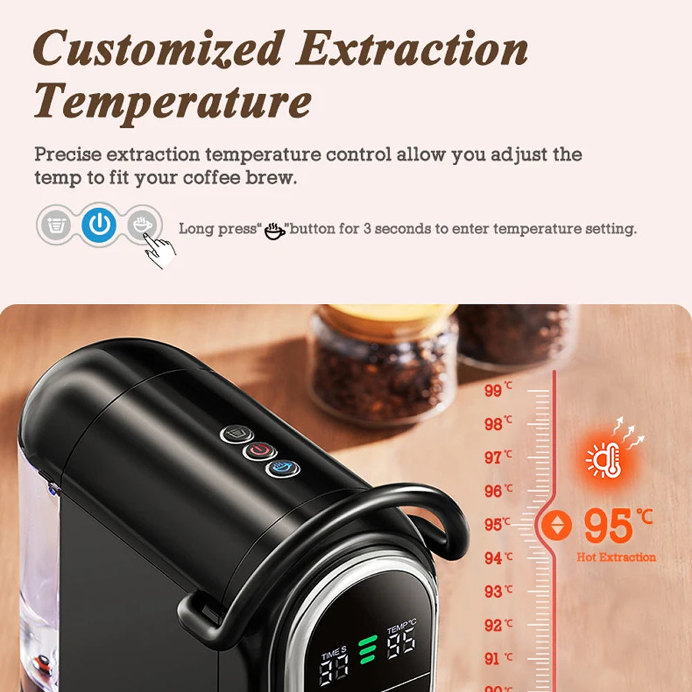 A promotional graphic for a MellaFard Coffee Machine extraction machine showing a close-up of the black machine with a digital display, alongside text explaining customizable extraction temperature and a temperature scale up to 95°C.