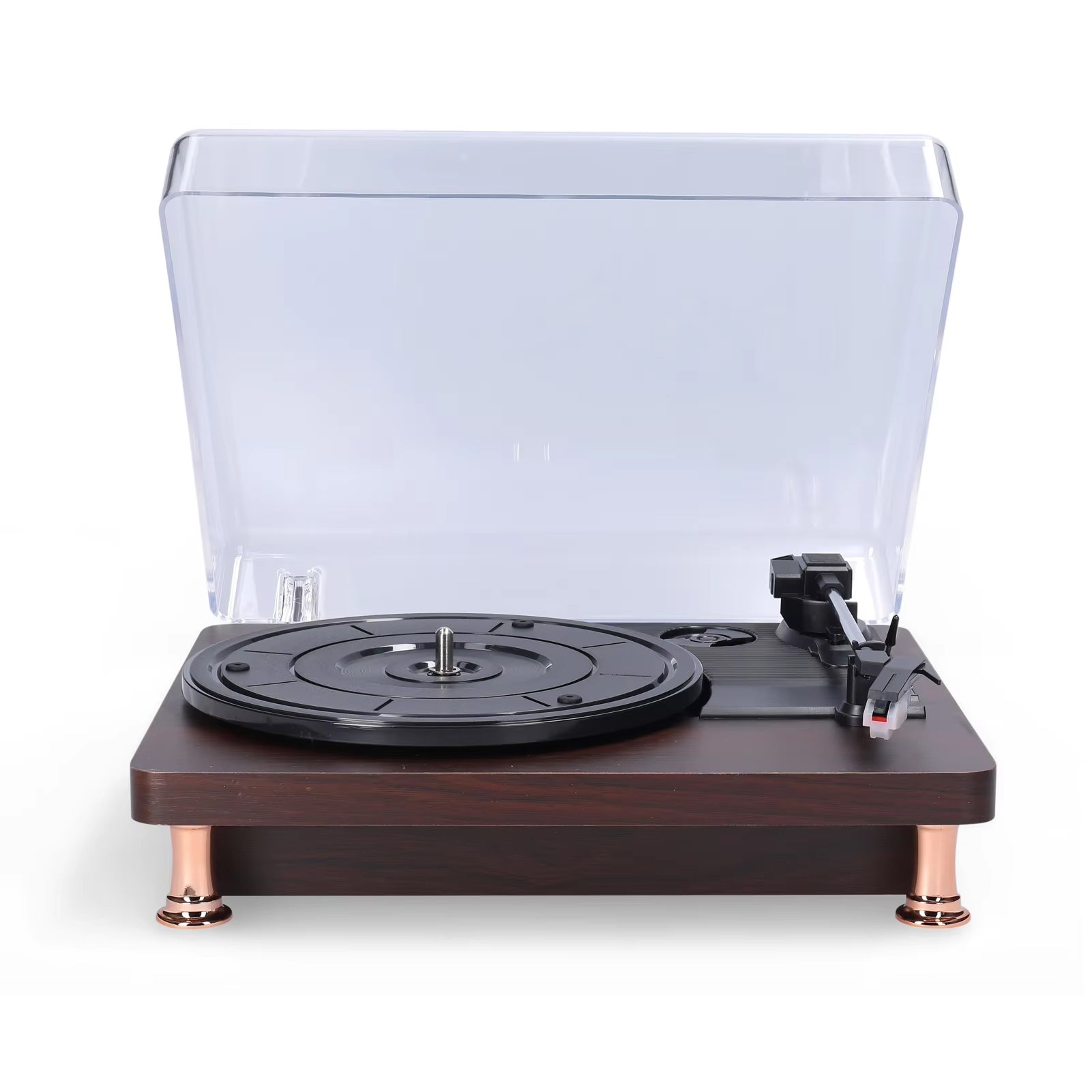 MelooDisc Record Player with clear dust cover on a white background