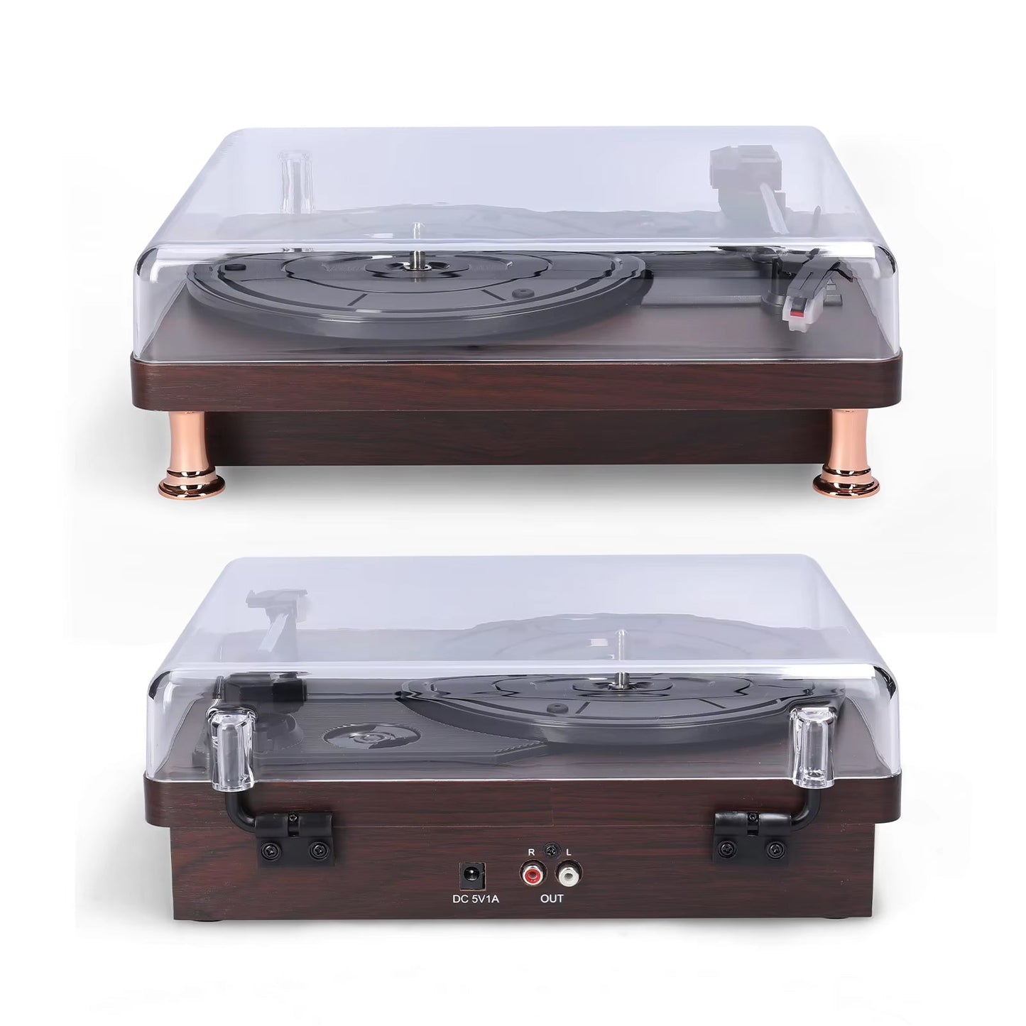 MelooDisc Record Player with clear dust cover on a white background