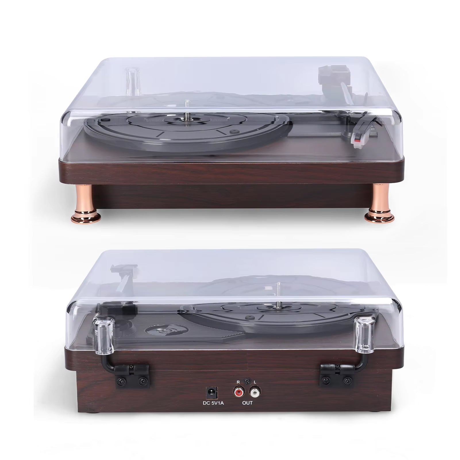 MelooDisc Record Player with clear dust cover on a white background