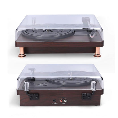 MelooDisc Record Player with clear dust cover on a white background