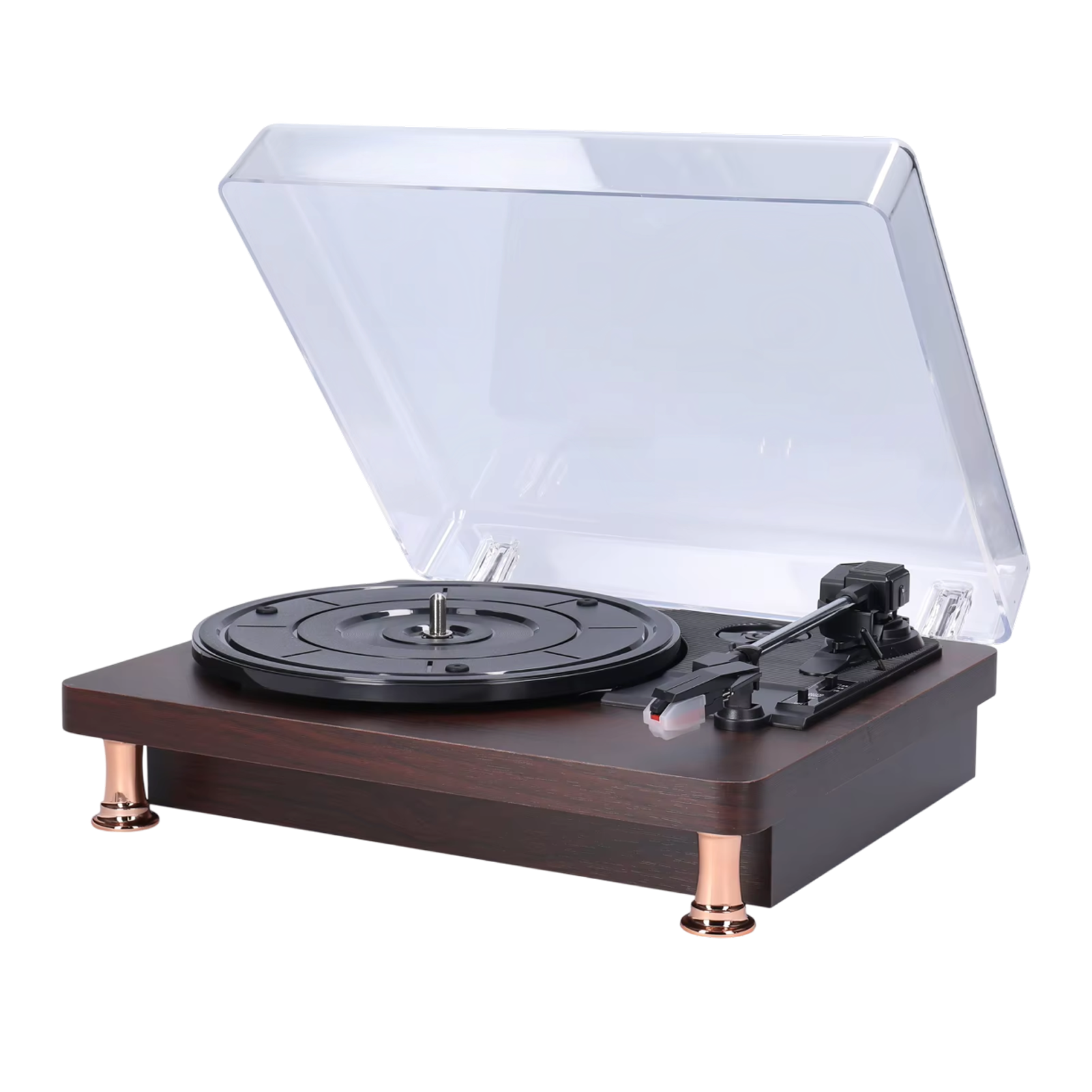 MelooDisc Record Player with clear dust cover on a white background