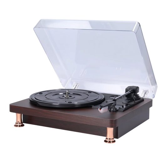 MelooDisc Record Player with clear dust cover on a white background