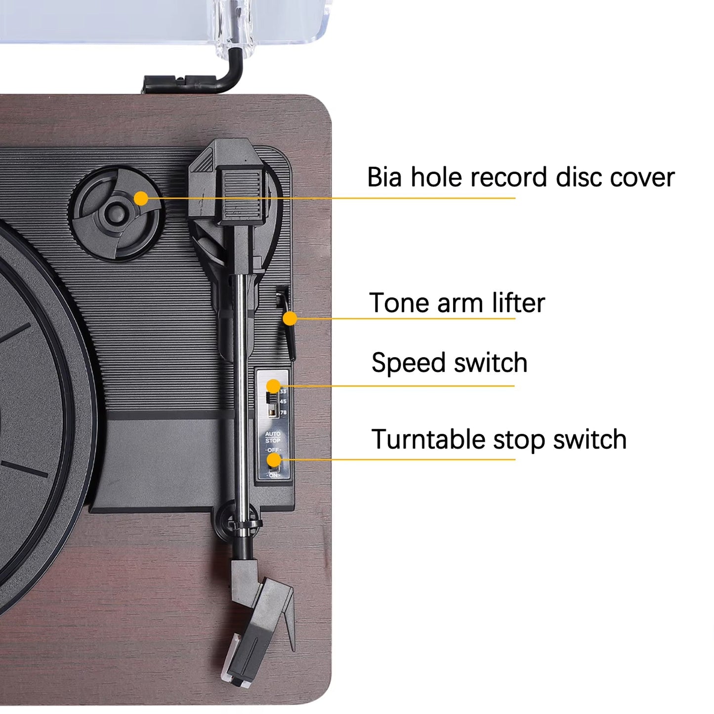 Close-up of a MelooDisc Record Player with labeled parts on a white background
