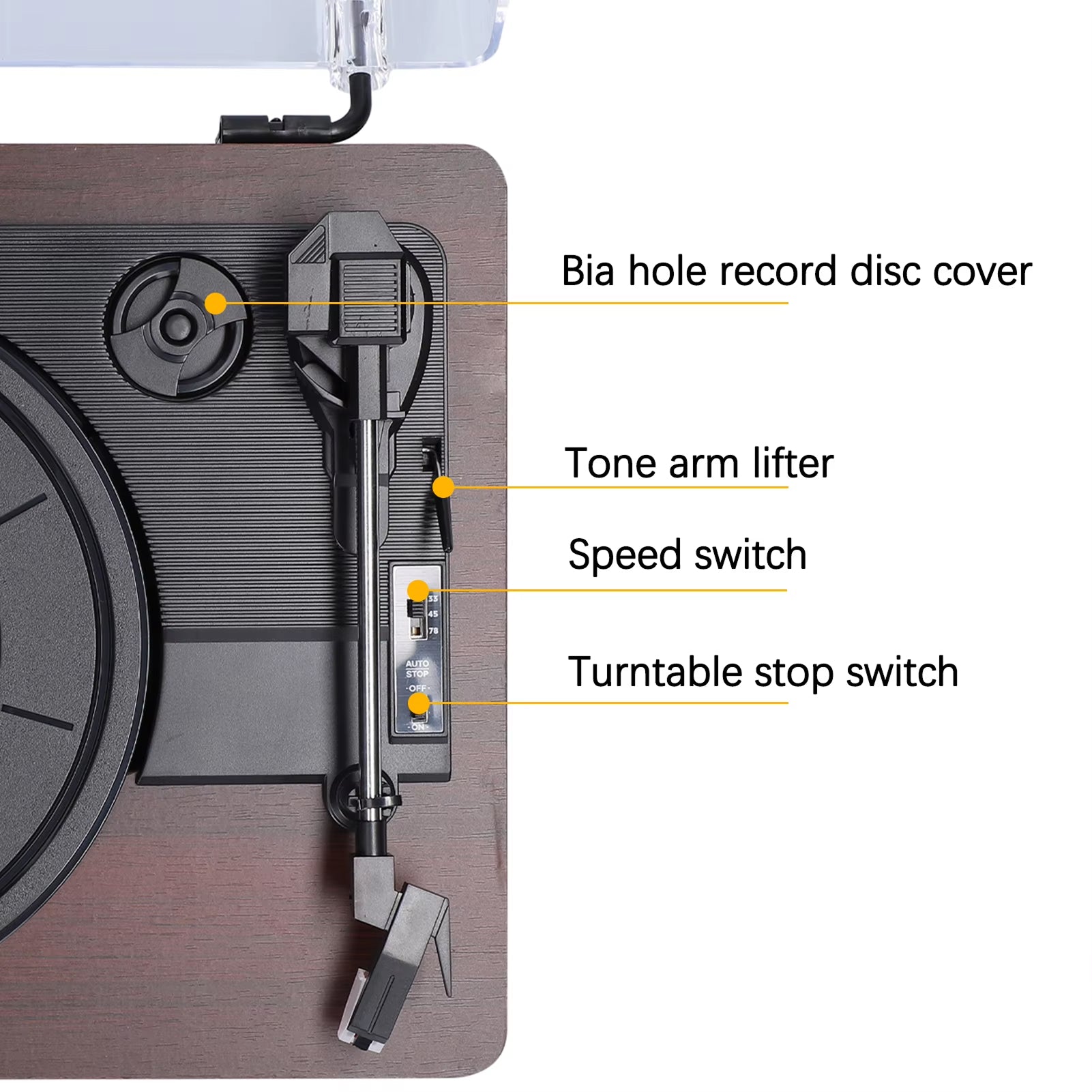 Close-up of a MelooDisc Record Player with labeled parts on a white background