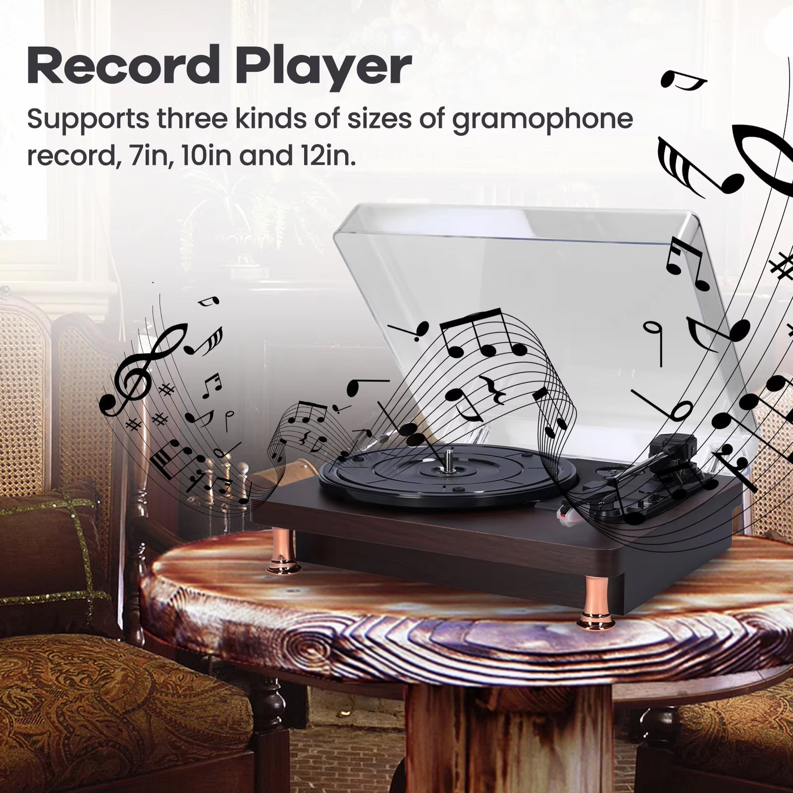 MelooDisc Record Player on a wooden table with musical notes in the background