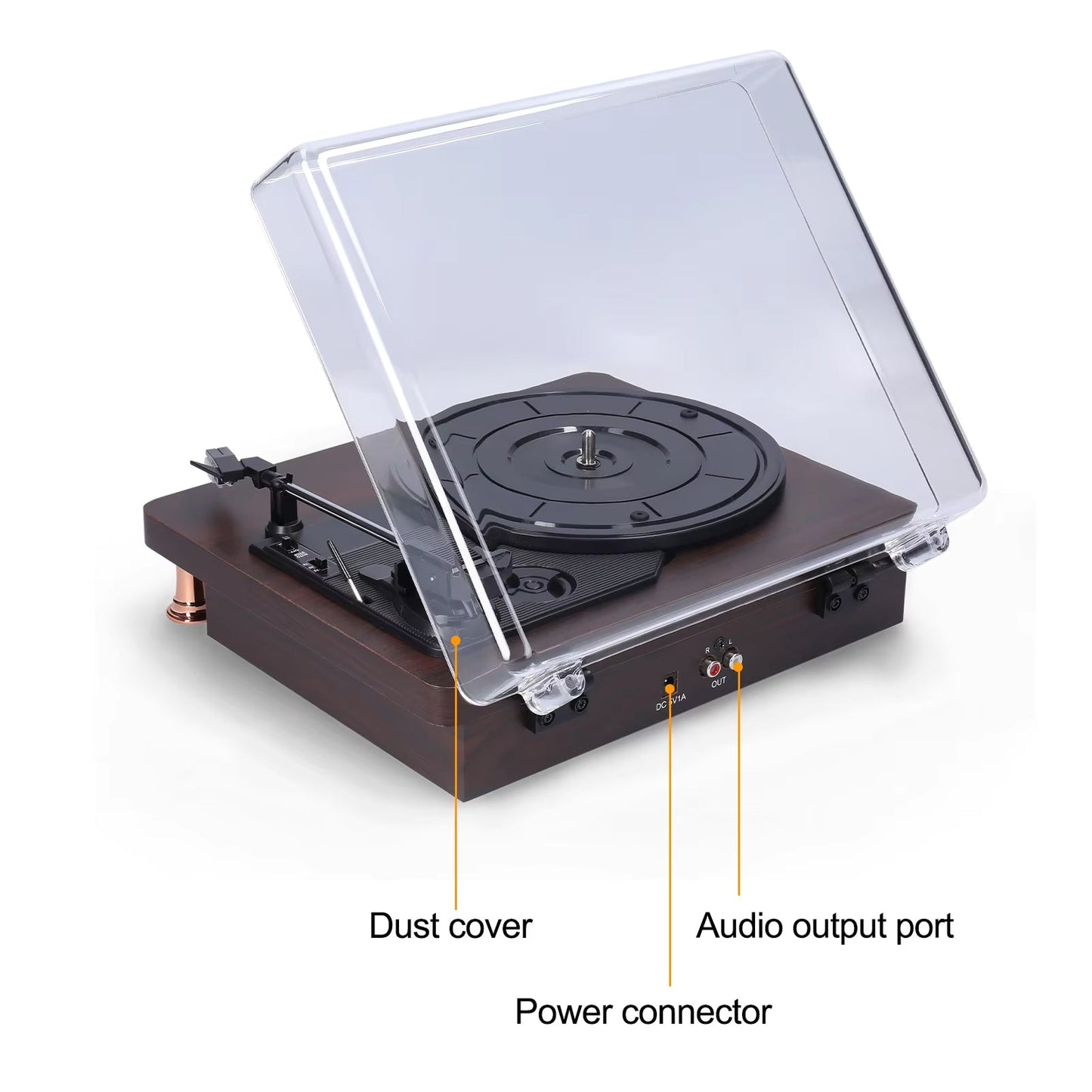 MelooDisc Record Player with dust cover, audio output port, and power connector labeled on a white background