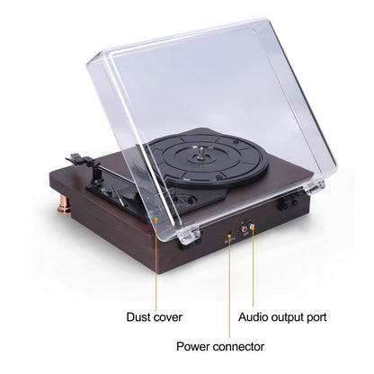 MelooDisc Record Player with dust cover, audio output port, and power connector labeled on a white background