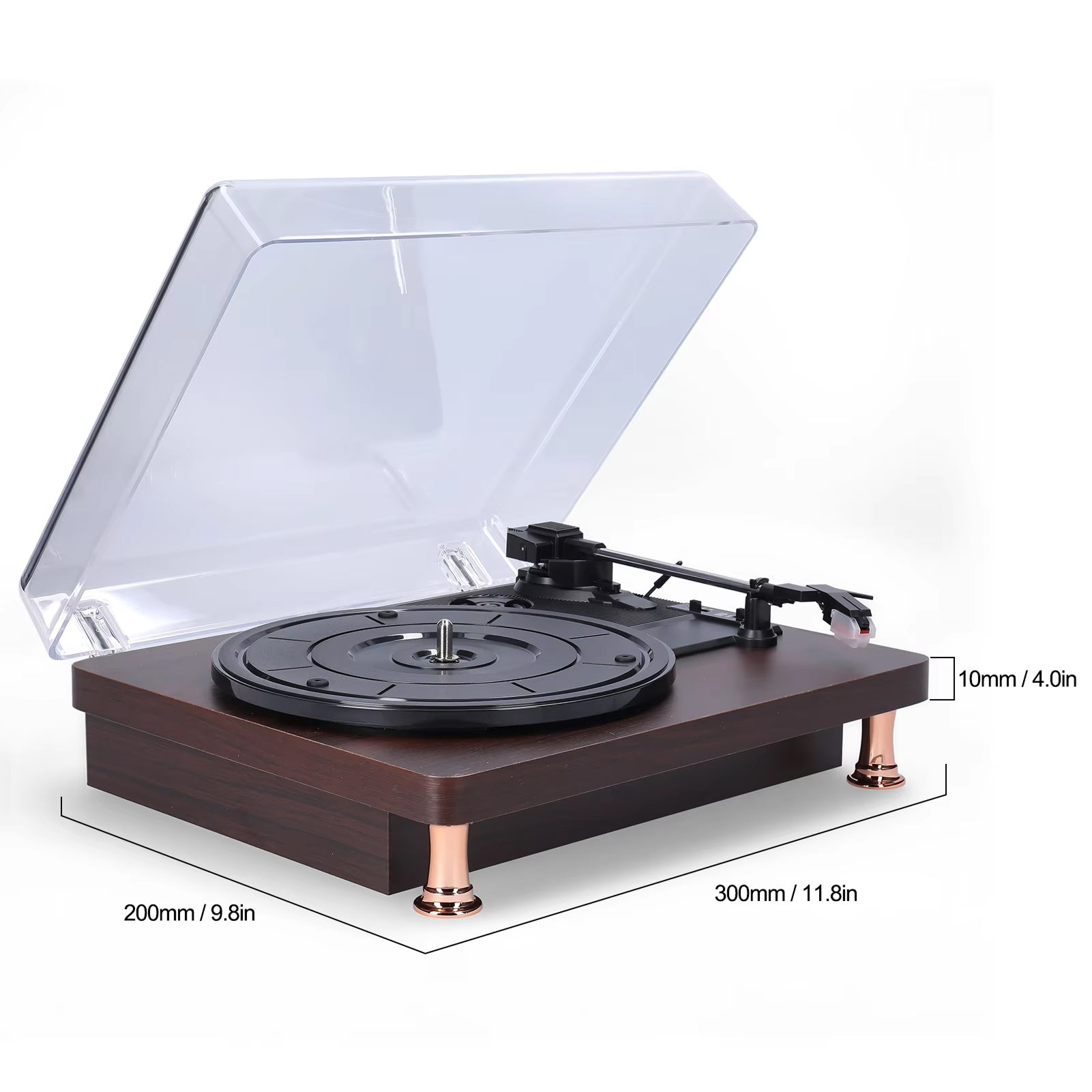 MelooDisc Record Player with clear dust cover on a white background