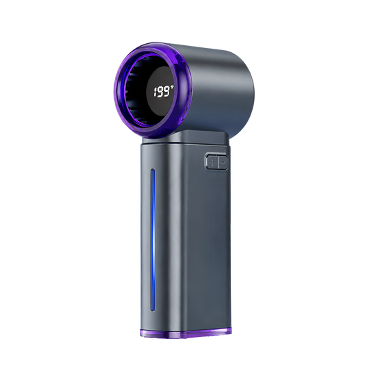 Gray and purple MistsyGo Handheld Fan device with digital display on a white background