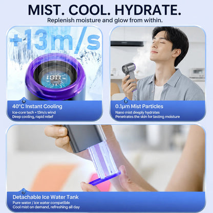 MistsyGo Handheld Fan advertisement with text 'MIST. COOL. HYDRATE.' and features of a device.