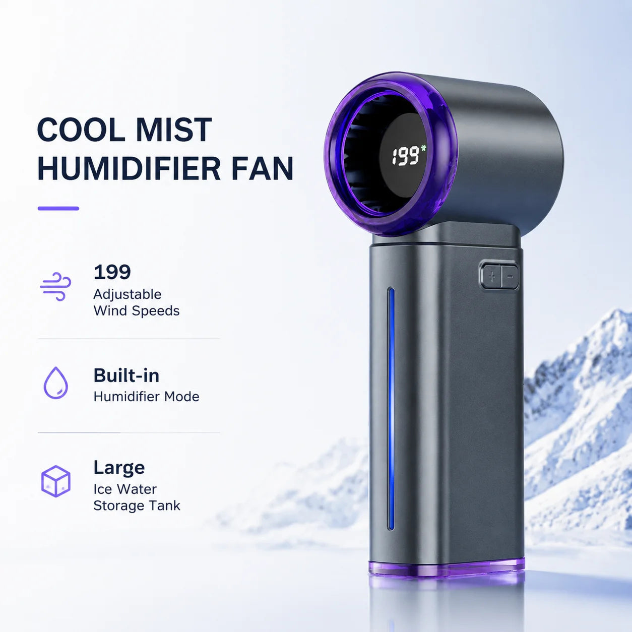 Cool MistsyGo Handheld Fan with digital display and mountain background