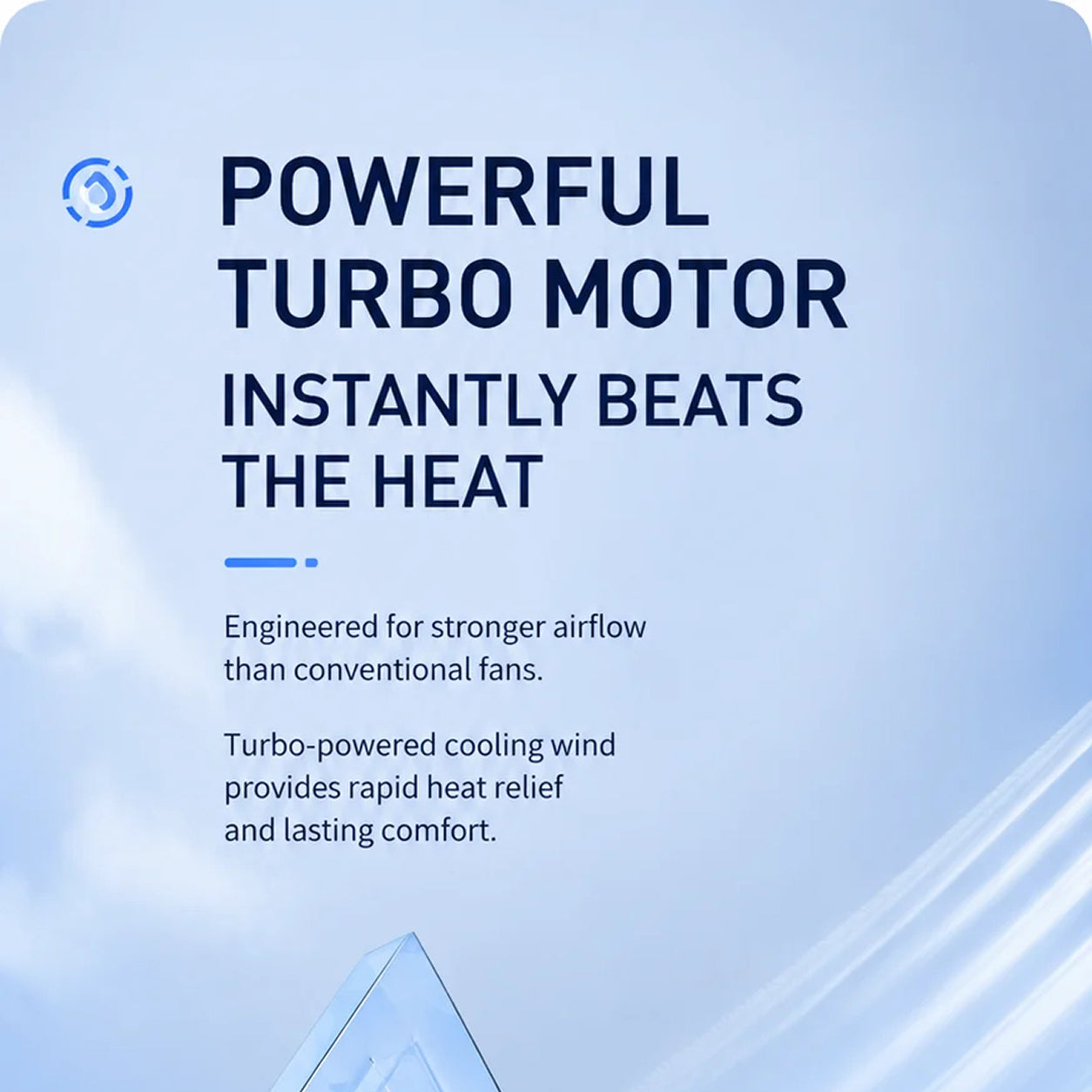 Promotional text about a powerful turbo motor on a blue background
