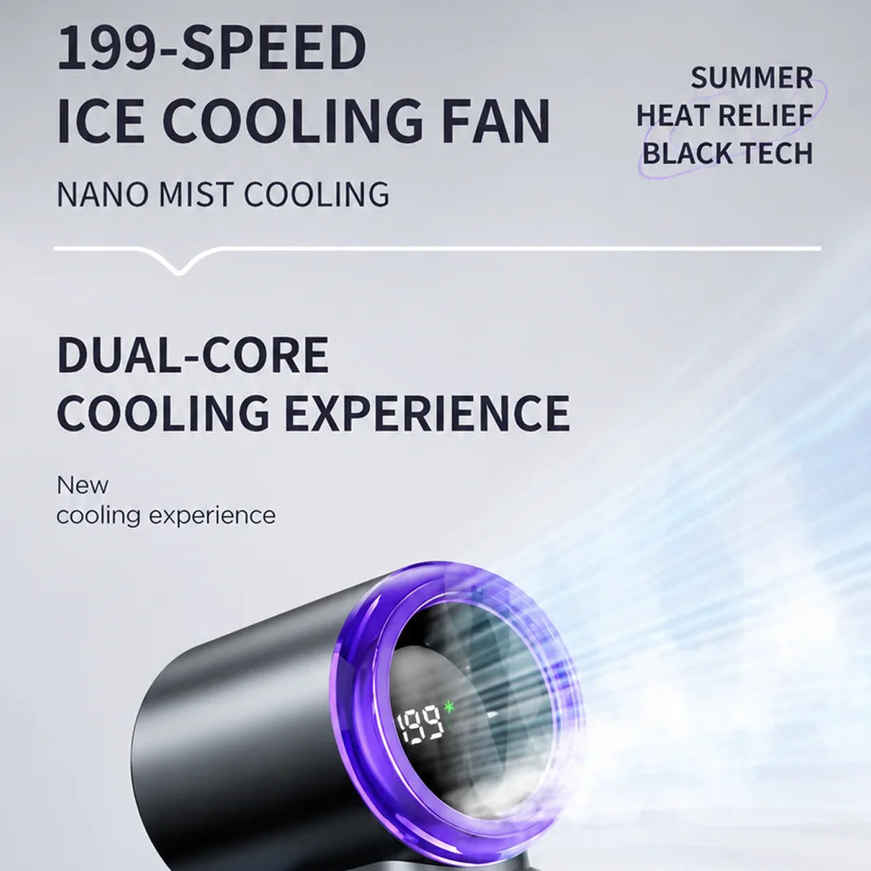 199-Speed Ice MistsyGo Handheld Fan with dual-core cooling experience on a gray background