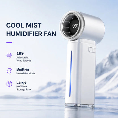 Cool mist MistsyGo Handheld Fan with digital display and features listed on a light blue background