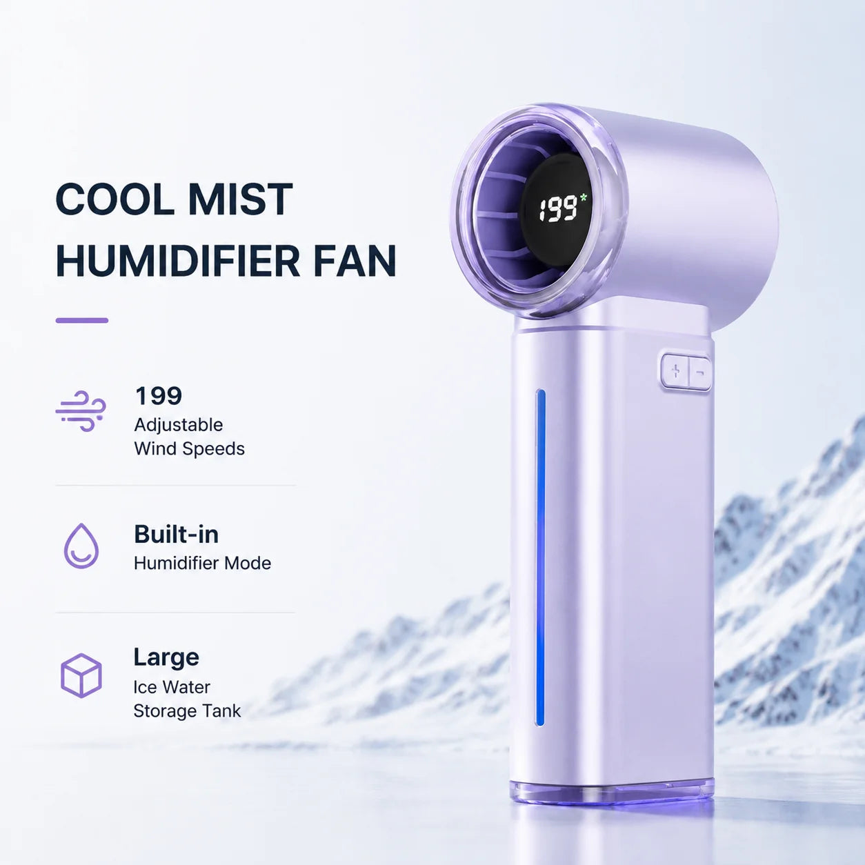 Cool mist MistsyGo Handheld Fan with features listed on a light blue background