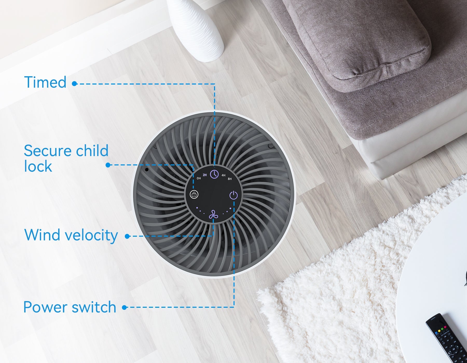 Mivrass Air Purifier on a wooden floor with labeled features in a living room setting