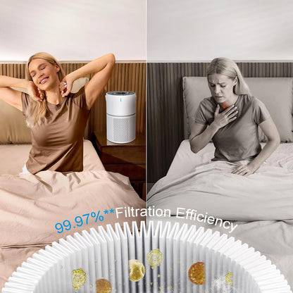 Woman using a Mivrass Air Purifier in a bedroom with text indicating filtration efficiency.