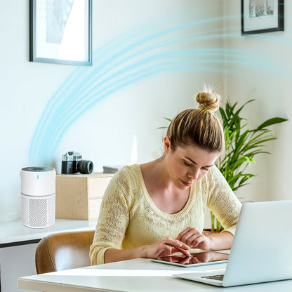 Woman using a laptop with an Mivrass Air Purifier in the background